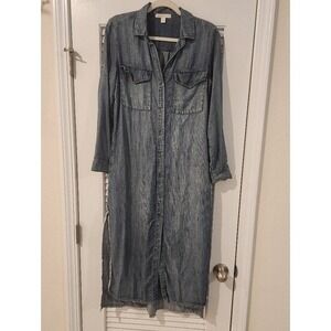 Chelsea & Violet Chambray Button Down Shirt Dress Convertible Sleeves Fringe Med